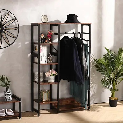 Industrial Open Wardrobe Clothes Rails 5 Tier Storage Shelves Metal Frame Closet • £89.95