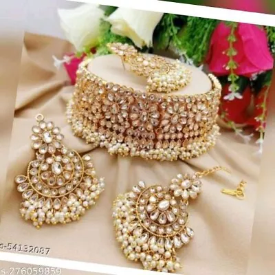 Indian Bollywood Gold Plated Kundan Choker Bridal Necklace Earrings Jewelry Set • $23.75
