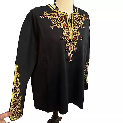 Bob Mackie Women’s Wearable Art Black Embroidered Blouse 2X Tunic Top Gold NWT • $34.50