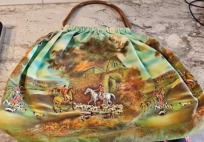 Vintage Knitting Bag Green Fox Hunt Horses Yarn Tote Craft Bakelite Handles (14) • $34.99