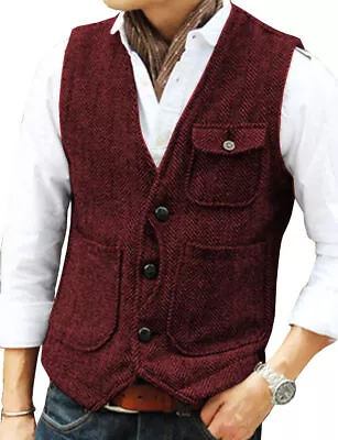 Mens Tweed VestsVintage Western Wool Herringbone Cowboy Vest M Large XL XXL 3XL • $16.99