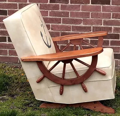 1958 Nautical Ships Wheel Vinyl Upholstered Ranch Style Platform Rocker Armchair • $999.99