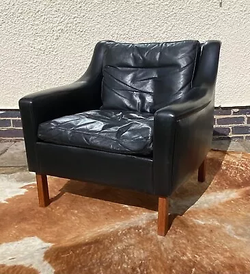 Vintage Danish Børge Mogensen Style Leather Chair Armchair Black  Leather. • £395