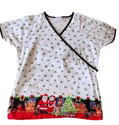 Holly Theme Christmas UA Scrubs Mock Wrap Womens Medical Scrub Top Medium  • $15