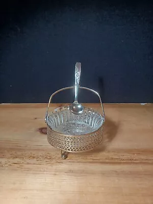 VINTAGE SILVER TONED BASKET CONDIMENT CADDY With GLASS BOWL  SERVING SPOON • $12.99