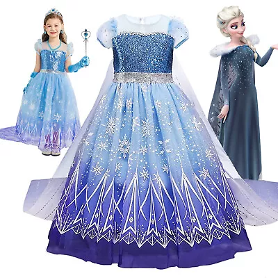 Girls Frozen Elsa Lace Sequins Fancy Dress Up Costume Princess Birthday Gift UK • £18.32