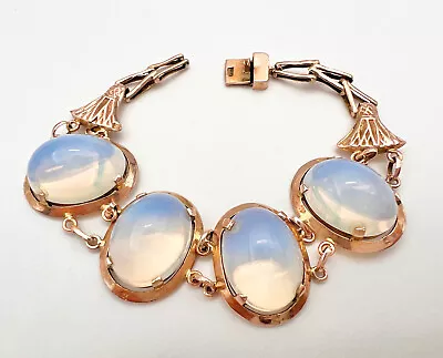 Antique Egyptian Revival 14k Rose Gold Cabochon Moonstone Link Bracelet 15.5g • $995