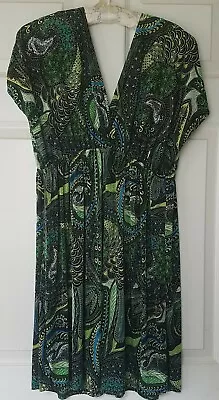 Shoreline Size L Green Paisley Multicolor Empire Waist Deep V-neck Short Dress • $15.99