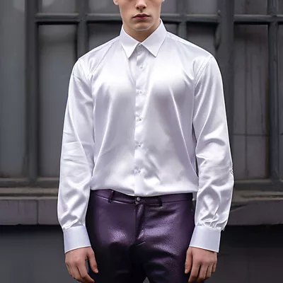 Mens Satin Long Sleeve Silk Shirt Button-down Glossy Solid Tops Blouse Nightclub • £21.59