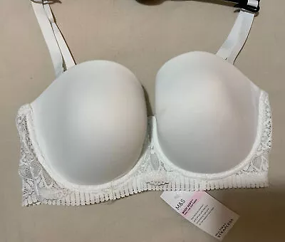 M&S SUMPTUOUSLY SOFT UNDERWIRED STRAPLESS MULTIWAY BRA With Lace WHITE Size 34D • £14.99