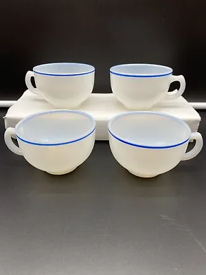 4 Vintage Opaque Milk Glass Coffee Cups White Bright Blue Rim 6 Ounces • $26.24