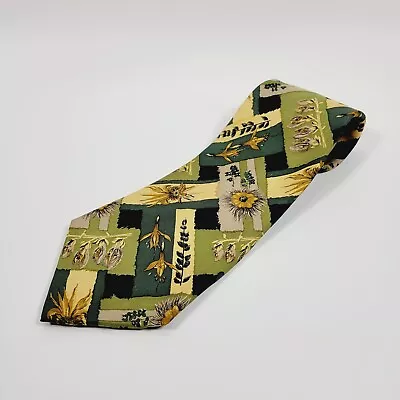 Vintage Nordstrom Tie Mens Green Beige Geometric Floral Print Silk Made In Italy • $11.77