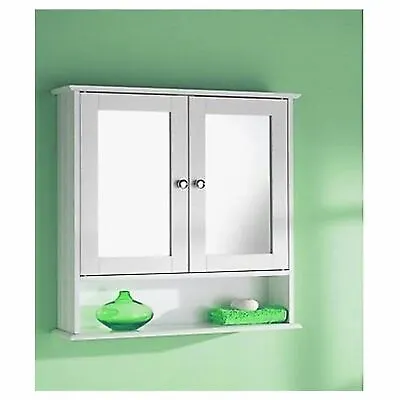 Double Mirror Door Bathroom Cabinet Wall Mounted Storage Shelf Unit White Wooden • £34.99
