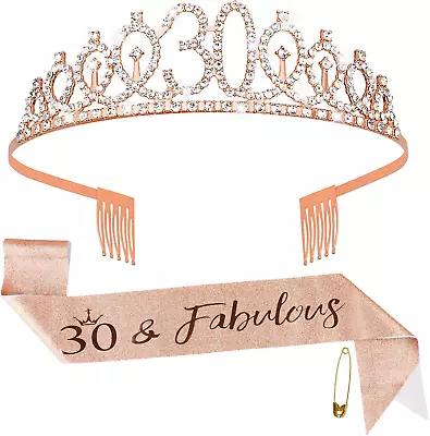 30th Birthday Sash Tiara Kit - Rose Gold Birthday Queen Tiara And Sash For Women • £5.99