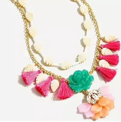 J.Crew JUNGLE FLORA Floral LAYERED TASSEL Chain Beaded Crystal Gold NECKLACE • $24.29