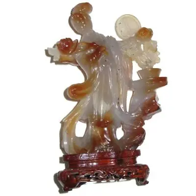 $235.99 • Buy Chinese Carnelian Agate Quan Yin Sculpture With Peony Blooms & Fan 7 1/4  Tall