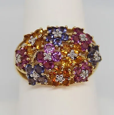 Multi Color Gemstone Diamond Ring 10K Yellow Gold Size 7 Flower • $349.95