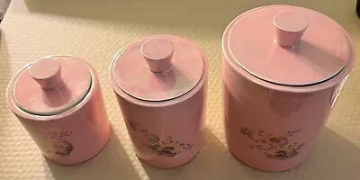 Vintage 1960s Iridescent Pink Ceramic Canister Set Of 3 W/ Pansy Flowers Floral • $69.99