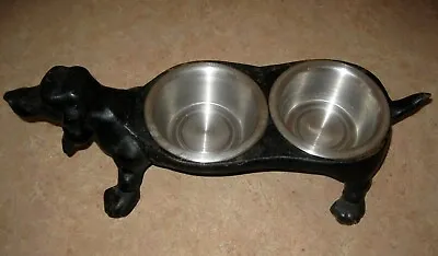Vintage Black Cast Iron Dachshund Dog Food & Water Holder With 2 Stainless Bowls • $29.99