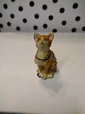 Miniature Trinket Box Gold Colored Cat With Blue Eyes And Clear Stones  • $14