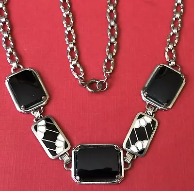 Antique 1920S Art Deco Black & White Enamel Rhodium Choker Necklace Machine Age • $69.99