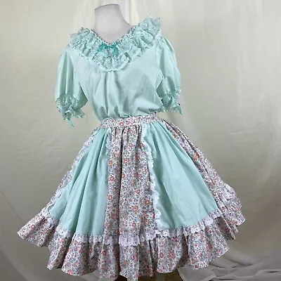 Square Dance Outfit Skirt Blouse 2pc Dress Mint & Peach Floral Vintage  • $99