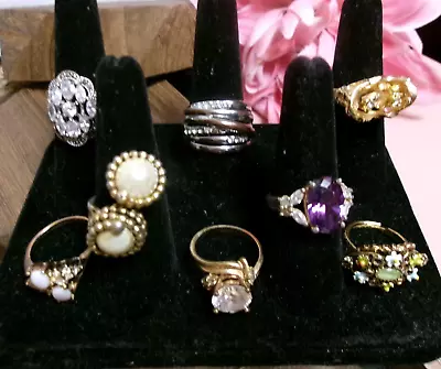 Vtg Lot Of Costume Jewelry Rhinestone/Cocktails Rings~Gold & Silver Tone Metals • $6.20