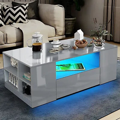 Wooden LED Coffee Table With Storage 2 Drawers Living Room Furniture High Gloss • £79.95