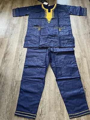 African Embroidered Dashiki Pant Set With Kufi Hat Navy Blue Gold One Size Men’s • $45.99