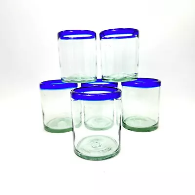 Set Of (6) Hand Blown Mexican Glasses Cobalt Blue Rim 12oz 4  • $36