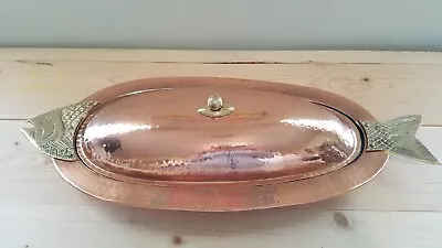 Antique Hammered Copper Brass Fish Pan W/ Lid Poacher Server 21 × 9 • $225