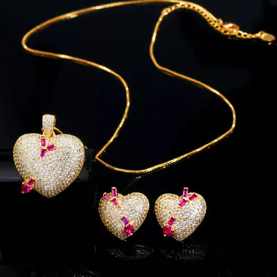 Luxury Micro Pave 585 Gold Plated CZ Love Heart Necklace Earrings Jewelry Set • $16.99