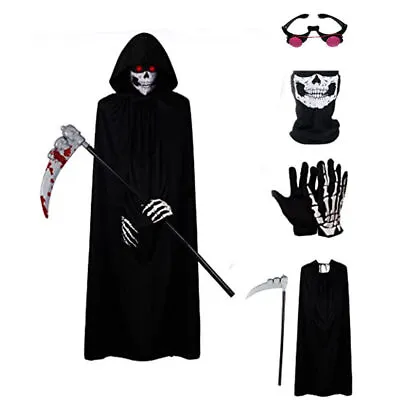 Halloween 5 Piece Grim Reaper Costume Adult Kids Skeleton Cosplay Costumes Sets＊ • £16.14