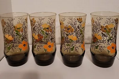 4 Vintage Libbey Drinking Glasses W/Orange/Peach Poppy Flowers By Artist M. Dia • $29.99