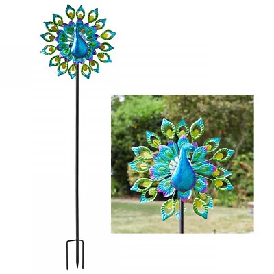 Peacock Bright Metal Wind Spinner Solar Powered Garden LED Light Up Decoration • £28.95