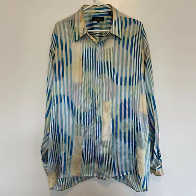 Vintage Genelli 100% Silk Modern Stripe Button Up Shirt Mens XL • $185