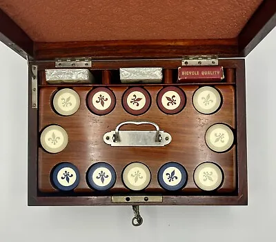 EARLY 1900's POKER SET 300 CREST & SEAL FLEUR DE LIS ANTIQUE CHIPS MAHOGANY CASE • $650