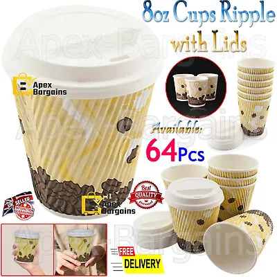 64pcs Ripple Cups With Lids Paper Disposable Tea Coffee Takeaway Hot Drinks 8oz • £24.95