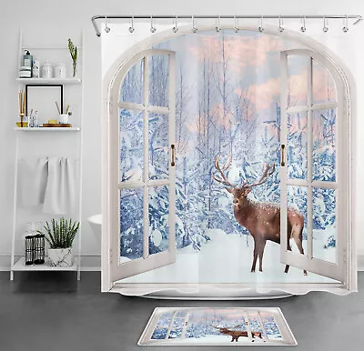 Retro Window Forest Snow Scene Elk Winter Shower Curtain Set For Bathroom Decor • $12.99