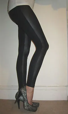 LONG LENGTH Leggings Womens Wet Look Panel Pants SIZE 6 8 10 12 14 16 18 S M L • £7.99