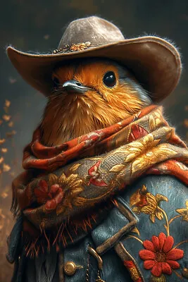 COWBOY HAT ROBIN BIRD ART PRINT Barn Wall Decor Surreal Animal Poster C899 • $29