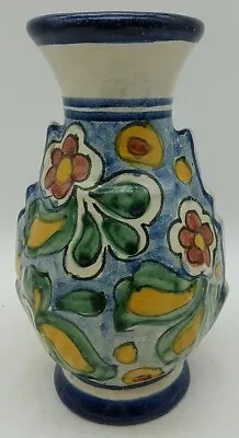 Vintage Mexican Pottery Vase Hand Painted Art Flowers Multi-Color 6.25  Tall Urn • $22.48