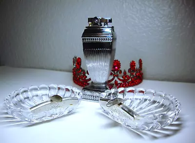 Working Chrome Music Box Lighter & 800 European Silver/Scalloped Glass Ashtrays • $180