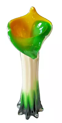 Beautiful Vintage Murano Style Trumpet Tulip Shaped Vase  White Green Yellow 12  • $80.75