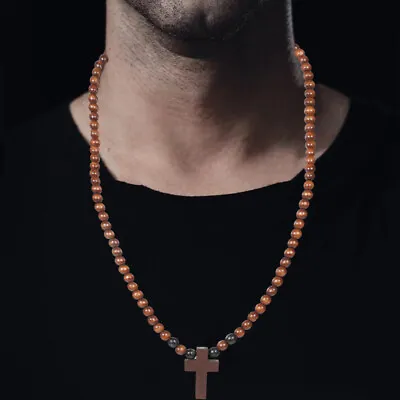 Wooden Cross Necklace For Men Beaded Chain Necklace Rosary Trendy Necklace • £7.18