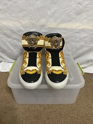Size 43.5 EU - Versace Gold Leather Palazzo Medusa High Top Sneakers With Box. • $499