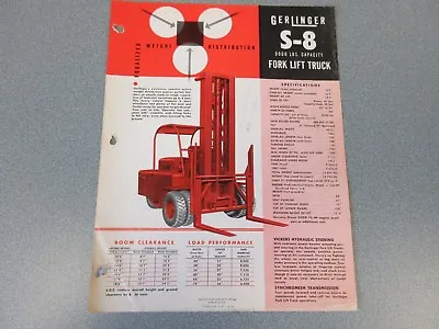 Old 1956 Gerlinger S-8 Forklift Sales Sheet 8000 Pound Pallet Truck • $40