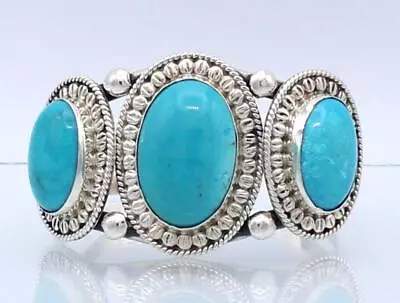 Vintage Robin Egg Blue 3 Turquoise Sterling Silver Native American Cuff Bracelet • $16.50