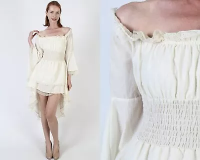 Vtg Bohemian Gypsy Hilo Fishtail Micro Mini Dress Sexy Bell Slv Gothic Asym Hem • $79.80