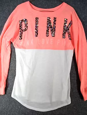 Victoria’s Secret PINK Bling Sequin Tee T Shirt Long Sleeve XS Runs Big ! • $9.97